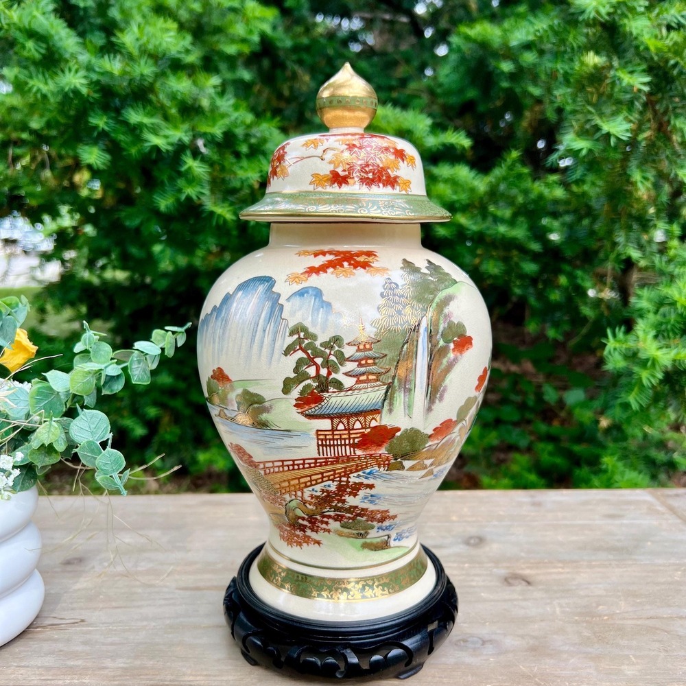 Japanese Vintage Porcelain Landscape Ginger Jar with Base